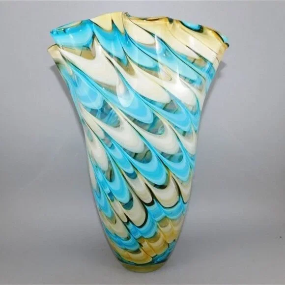 41/775 Large Handkerchief Glass Murano Style Blue and Yellow Swirl Vase 12 x 8
